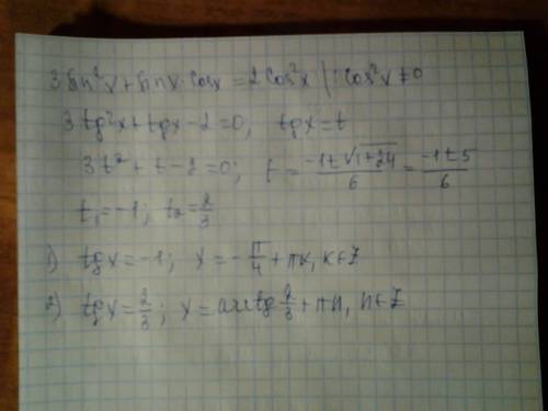 Как решается 3sin^x+sinx×cosx=2cos^x