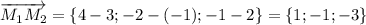 \overrightarrow{M_1M_2}=\{4-3;-2-(-1);-1-2\}=\{1;-1;-3\}