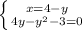 \left \{ {{ {x} =4-y} \atop {4y-y^2-3=0 }} \right.