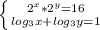 \left \{ {{2^x*2^y=16} \atop { log_{3}x+ log_{3}y=1 }} \right.