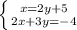 \left \{ {{x=2y+5} \atop {2x+3y=-4}} \right.