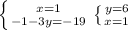 \left \{ {{x=1} \atop {-1-3y=-19}} \right. \left \{ {{y=6} \atop {x=1}} \right.