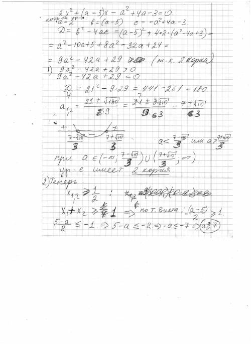 При каких значениях а уравнение 2x^2+(a-5)x-a^2+4a-3=0 имеет 2 корня, каждый из которых больше 1/2.