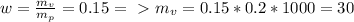 w = \frac{m_v}{m_p} = 0.15 =\ \textgreater \ m_v = 0.15 * 0.2 * 1000 = 30