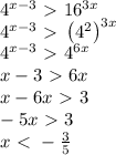 4^{x-3}\ \textgreater \ 16^{3x}\\4^{x-3}\ \textgreater \ \left(4^2\right)^{3x}\\4^{x-3}\ \textgreater \ 4^{6x}\\x-3\ \textgreater \ 6x\\x-6x\ \textgreater \ 3\\-5x\ \textgreater \ 3\\x\ \textless \ -\frac35