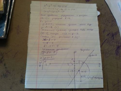 Составить уравнение прямой проходящей через центр окружности x^2+y^2-4x+6y-3=0 параллельно прямой 2x