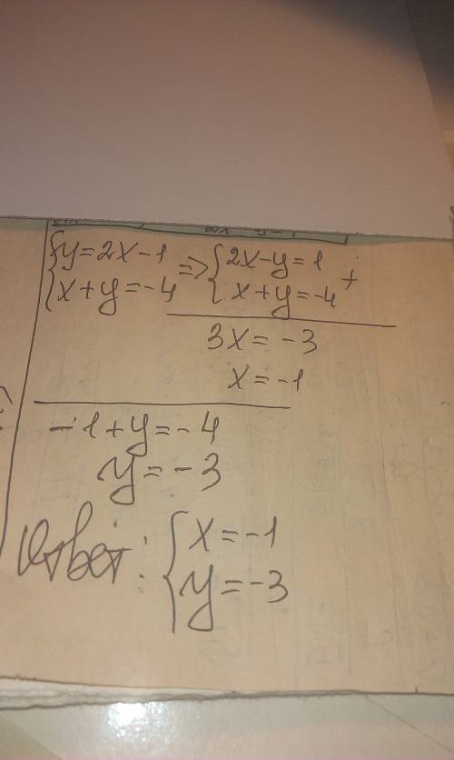 Решить уравнения методом сложения y=2х-1 х + y = -4