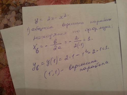 Y= 2x-x^2 , найдите вершину параболы, с решением этого нахождения!