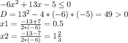 -6x^2+13x-5 \leq 0 \\ D=13^2-4*(-6)*(-5)=49\ \textgreater \ 0 \\ x1= \frac{-13+7}{2*(-6)} =0.5 \\ x2= \frac{-13-7}{2*(-6)}=1 \frac{2}{3}