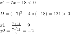 x^{2} -7x-18\ \textless \ 0 \\ \\ D=(-7)^2-4*(-18)=121\ \textgreater \ 0 \\ \\ x1= \frac{7+11}{2}=9 \\ x2= \frac{7-11}{2}=-2