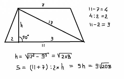 Основание равнобедренной трапеции 7 и 11 см. диагонали трапеции 17 см. найти площадь? решить? 50