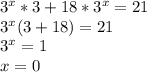 3^x*3+18*3^x=21\\3^x(3+18)=21\\3^x=1\\x=0