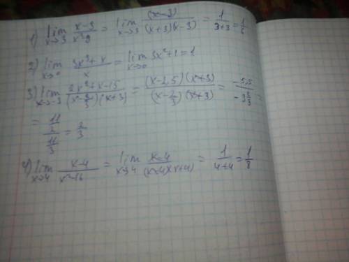 Решите пределы 1. lim(x-> 3) x-3/x^2-9 2. lim(x-> 0) 3x^3+x/x 3. lim(x-> -3) 2x^2+x-15/(x-2