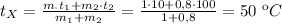 t_X= \frac{m_\cdot t_1+m_2\cdot t_2}{m_1+m_2} = \frac{1\cdot 10+0,8\cdot 100}{1+0,8} =50 \ кC