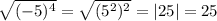 \sqrt{(-5)^4}=\sqrt{(5^2)^2}=|25|=25