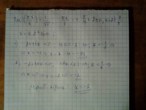 Cos(пx/8)=1/корень из 2 найти наибольший отрицательный корень