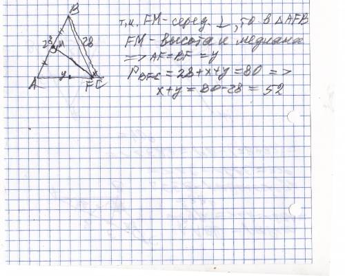 Решить : в равнобедренном треугольнике авс с основанием ас длина боковой стороны равна 28 см. середи