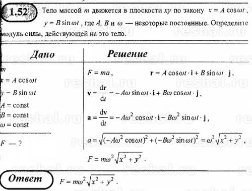 Тело массой m движется в плоскости ху по закону х + асоsωt, у = вsinωt, где а, в, ω - некоторые пост