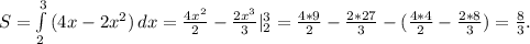 S= \int\limits^3_2 {(4x-2x^2)} \, dx = \frac{4x^2}{2}- \frac{2x^3}{3}|_2^3 = \frac{4*9}{2}- \frac{2*27}{3}-( \frac{4*4}{2}- \frac{2*8}{3})= \frac{8}{3} .