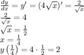 \frac{dy}{dx}=y'=(4\sqrt x)'=\frac2{\sqrt x}\\\frac2{\sqrt x}=4\\\sqrt x=\frac12\\x=\frac14\\y\left(\frac14\right)=4\cdot\frac12=2