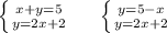 \left \{ {{x+y=5} \atop {y=2x+2}} \right. ~~~~ \left \{ {{y=5-x} \atop {y=2x+2}} \right.