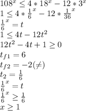 108^x \leq 4*18^x-12*3^x \\ &#10;1 \leq 4* \frac{1}{6}^x-12* \frac{1}{36}^x \\ \frac{1}{6}^x=t \\ 1 \leq 4t-12t^2 \\ 12t^2-4t+1 \geq 0 \\ &#10;t_{f1}=6 \\ t_{f2}=-2( \neq ) \\ t_2= \frac{1}{6} \\ \frac{1}{6}^x=t \\ \frac{1}{6}^x \geq \frac{1}{6} \\ x \geq 1 &#10;