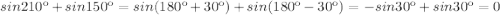 sin210к+sin150к=sin(180к+30к)+sin(180к-30к)=-sin30к+sin30к=0