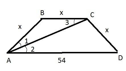 Врівнобічній трапеції діагональ поділяє гострий кут навпів, периметр її дорівнює 54 дм, більша її ос