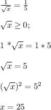 \frac{1}{ \sqrt{x} } = \frac{1}{5} \\ \\ &#10; \sqrt{x} \geq 0 ; \\ &#10;&#10;1 *\sqrt{x} = 1*5 \\ \\ &#10; \sqrt{x} =5 \\ \\&#10;( \sqrt{x} )^2 = 5^2 \\ \\ &#10;x=25