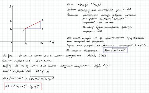 Выведите формулу для вычисления расстояния между двумя точками по их координатам.