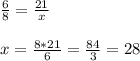 \frac{6}{8}= \frac{21}{x} \\ \\ x= \frac{8*21}{6} = \frac{84}{3}= 28