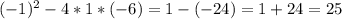 (-1)^2-4*1*(-6)=1-(-24)=1+24=25