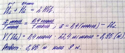 Определите объем хлора при н.у необходимого для реакции с водородом количеством вещества 0,4 моли