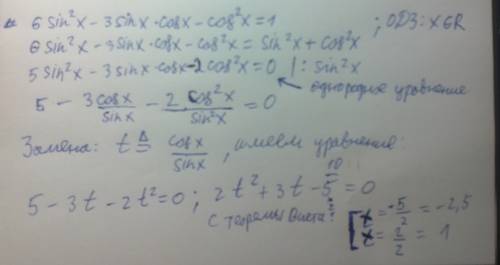 Решите уравнение 6 sin^2 x - 3sinx × cosx - cos^2 x = 1