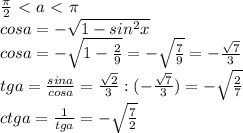 \frac{ \pi }{2} \ \textless \ a\ \textless \ \pi \\ cos a= - \sqrt{1-sin ^{2} x} \\ cos a= - \sqrt{1- \frac{2}{9} }=- \sqrt{ \frac{7}{9} } =- \frac{ \sqrt{7} }{3} \\ tg a= \frac{sin a}{cos a} = \frac{ \sqrt{2} }{3} :(- \frac{ \sqrt{7} }{3})=- \sqrt{ \frac{2}{7} } \\ ctg a = \frac{1}{tg a}=- \sqrt{ \frac{7}{2} }