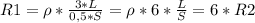 R1=\rho * \frac{3*L}{0,5*S} =\rho *6* \frac{L}{S} =6*R2