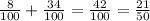 \frac{8}{100} + \frac{34}{100} = \frac{42}{100} = \frac{21}{50}