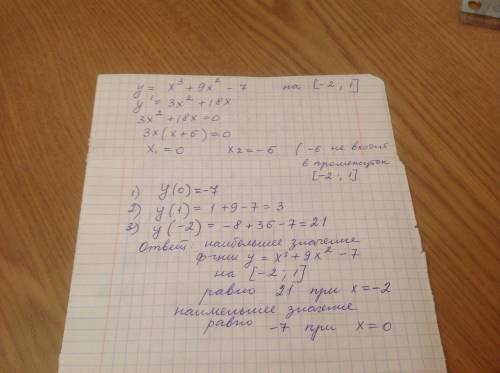 Найти наибольшее и наименьшее значение функции y=x^3+9x^2-7 на (-2; 1) только скобки квадратные