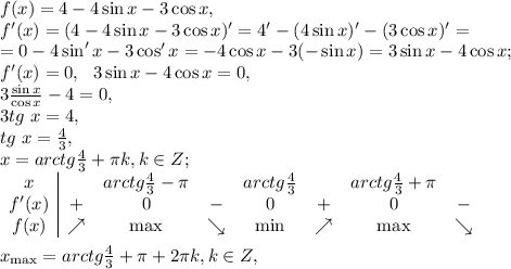 f(x)=4-4\sin x-3\cos x, \\ f'(x)=(4-4\sin x-3\cos x)'=4'-(4\sin x)'-(3\cos x)'=\\=0-4\sin'x-3\cos'x=-4\cos x-3(-\sin x)=3\sin x-4\cos x; \\ f'(x)=0, \ \ 3\sin x-4\cos x=0, \\ 3\frac{\sin x}{\cos x}-4=0, \\ 3tg \ x=4, \\ tg \ x=\frac{4}{3}, \\ x=arctg\frac{4}{3}+\pi k, k\in Z; \\ \begin{array}{c|ccccccc}x&&arctg\frac{4}{3}-\pi&&arctg\frac{4}{3}&&arctg\frac{4}{3}+\pi&\\f'(x)&+&0&-&0&+&0&-\\f(x)&\nearrow&\max&\searrow&\min&\nearrow&\max&\searrow\end{array} \\ \\ x_{\max}=arctg\frac{4}{3}+\pi+2\pi k, k\in Z,