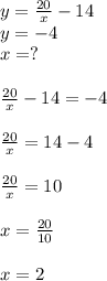 y= \frac{20}{x}-14\\\/y=-4 \\x=?\\\\\frac{20}{x}-14=-4\\\\\frac{20}{x}=14-4\\\\\frac{20}{x}=10\\\\x= \frac{20}{10}\\\\x=2