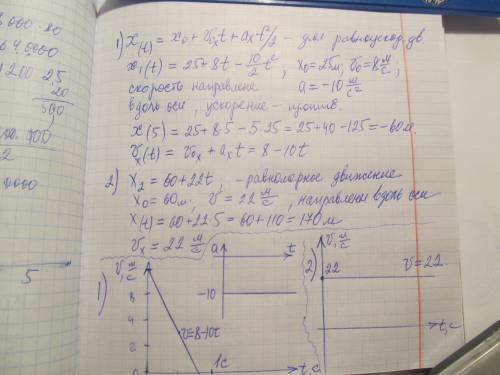 Два тела движутся вдоль прямой так что их уравнения имеют вид x1=25+8t-5t2; x2=60+22t а) опишите хар