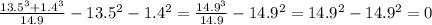 \frac{13.5^3+1.4^3}{14.9}-13.5^2-1.4^2=\frac{14.9^3}{14.9}-14.9^2=14.9^2-14.9^2=0