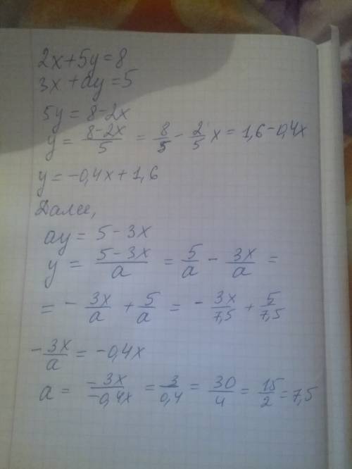 При каком значении а прямые 2x+5y=8 и 3x+ay=5 параллельны?