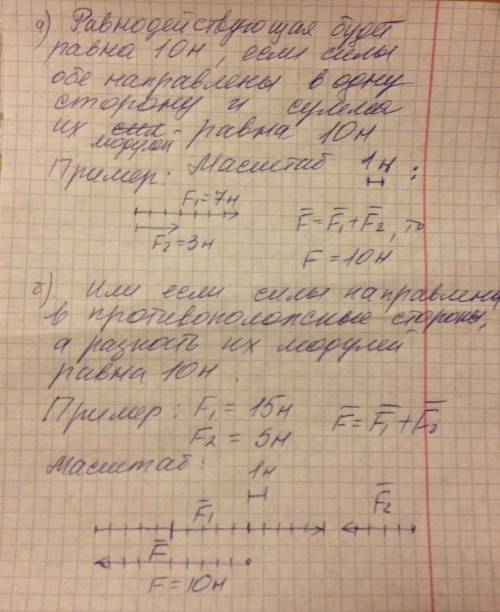 Какие силы, направленные вдоль одной прямой , могут дать равнодействующую, равную 10 н? как они долж