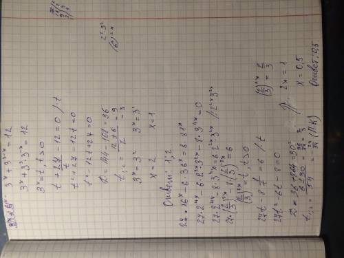 Решить уравнения 5)27*(4/9)^2x -6*(4/9)^x -8=0 6)3^x+3^3-x=12 7)27*16^x-6*36^x=8*81^x