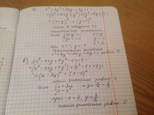 A)x^2+2y^2+2xy+2y+1 b)2x^2-4xy+4y^2-6x+9 найти наименьшее значение выражений с росписью решения