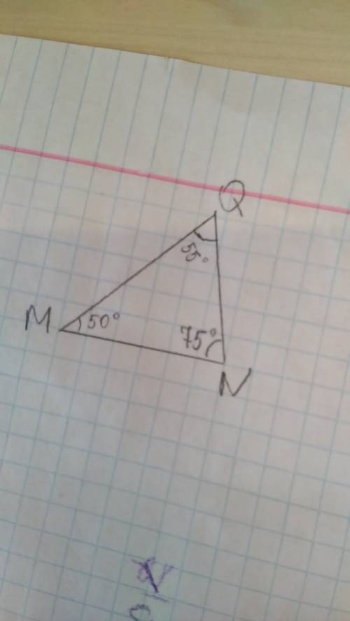 Начертите треугольник mnq, в котором угол n равен 75°. измерьте углы m и q.