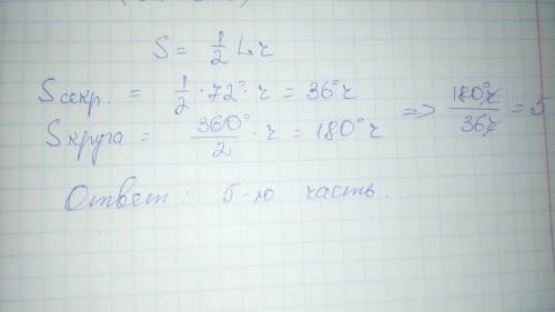 Яку частину площі круга становить площа сектора,градусна міра дуги якого дорівнює 72 градуси?