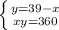 \left \{ {{y=39-x} \atop {xy=360}} \right.