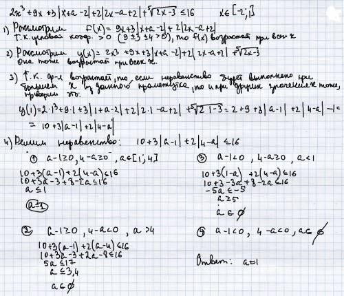 При каких a для всякого x ∈ [−2; 1] верно неравенство 2x³+9x+3|x+a-2|+2|2x-a+2|+√^5(2x-3)≤16?